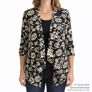 O’Neill Size 10 Black & Cream Floral Waterfall Open Jacket Lined